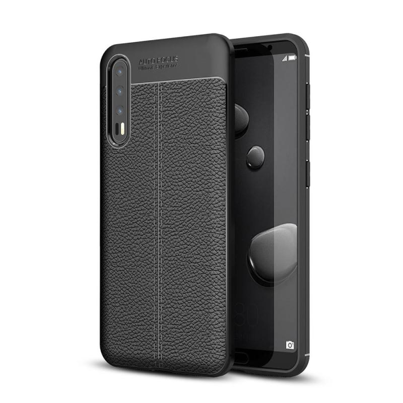 Huawei P20 Pro Gummi Cover Med Læder Design Sort