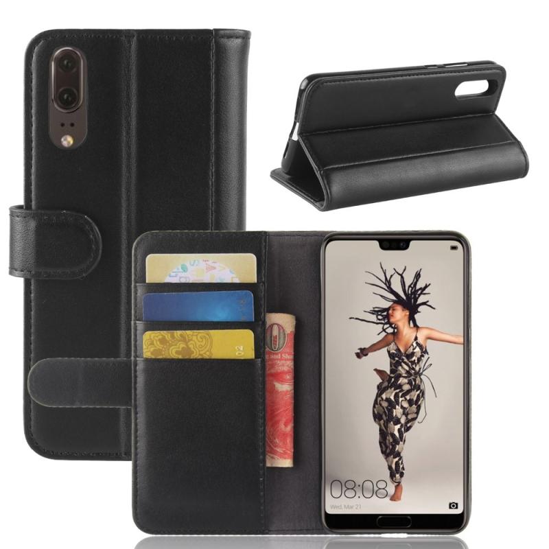 Huawei P20 ægte Læder Cover   Pung Sort