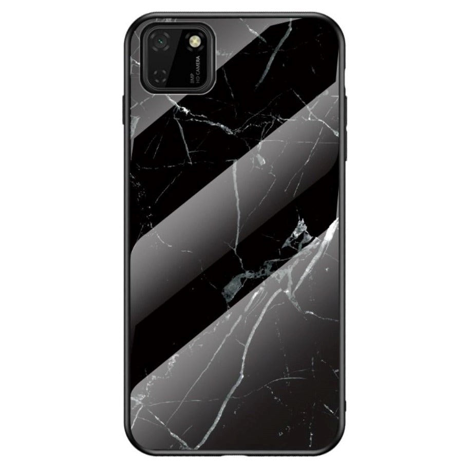 Huawei Y5p Fleksibelt Plast Cover    Glasbagside Sort Marmor
