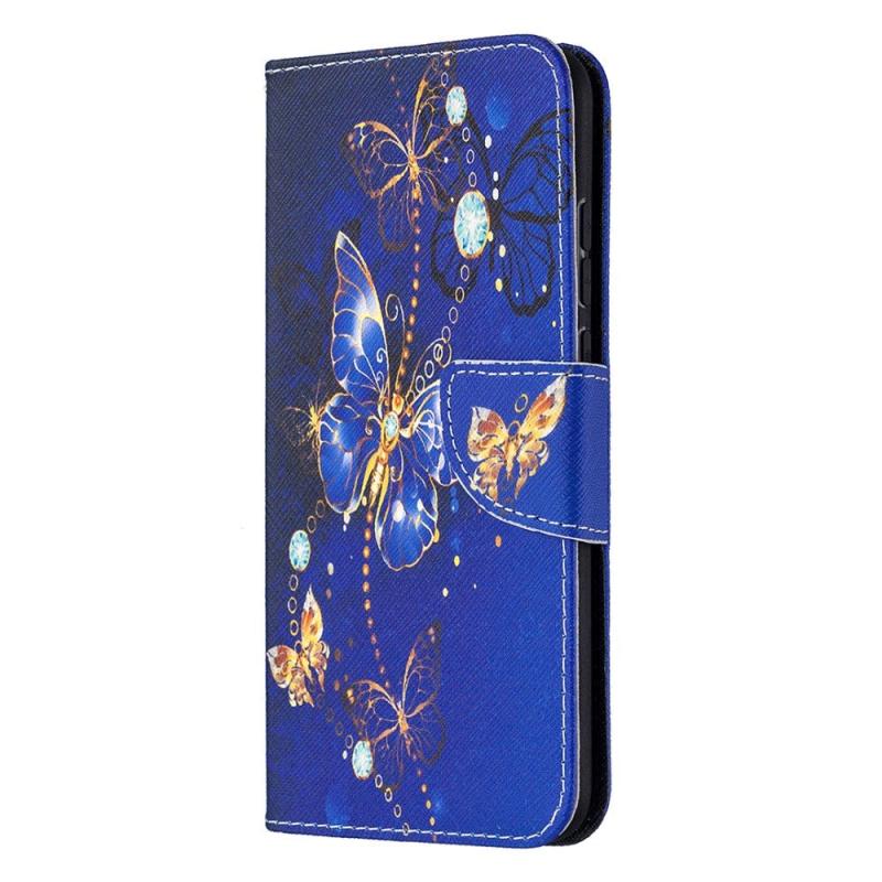 Huawei Honor 9x Lite Læder Cover    Pung Guld   Blå Sommerfugle