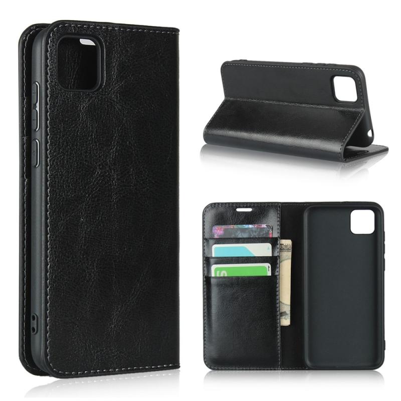 Huawei Y5p ægte Læder Cover   Pung Sort