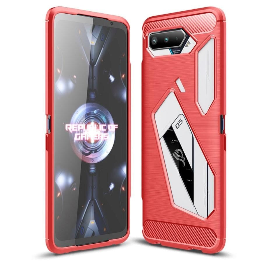 Asus Rog Phone   Brushed Carbon Tpu Plast Bagside Cover Rød