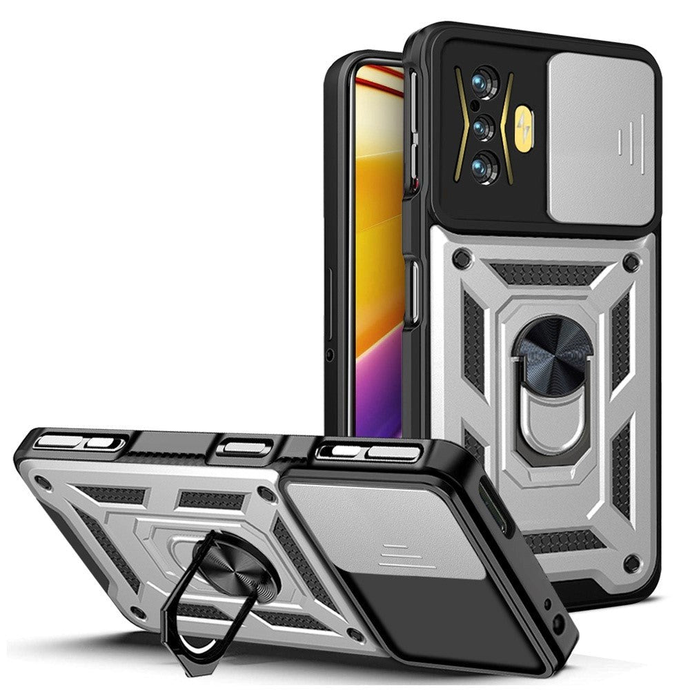 Xiaomi Poco F4   Håndværker Bagside Cover    Magnetisk Kickstand   Cam Slider Sølv