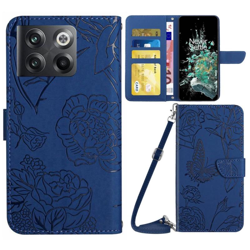 Oneplus 10t 5g Læder Cover   Pung Med Aftagelig Strop Printet Design Blå