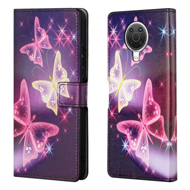 Nokia G10 G20 Læder Cover Pung Printet Design Lysende Sommerfugle
