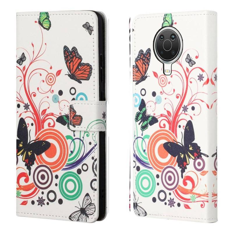 Nokia G10 G20 Læder Cover Pung Printet Design Farverig Sommerfugl