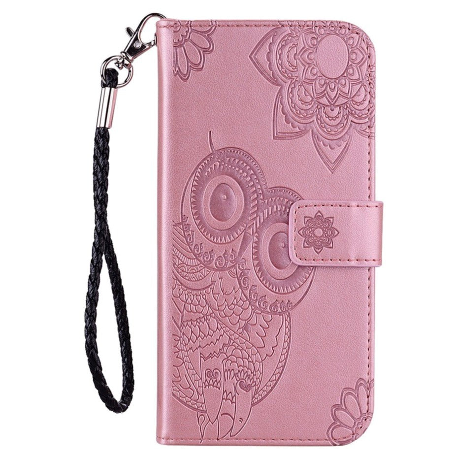 Nokia G21   G11 Læder Flip Cover    Pung Ugle   Blomster Rose Gold