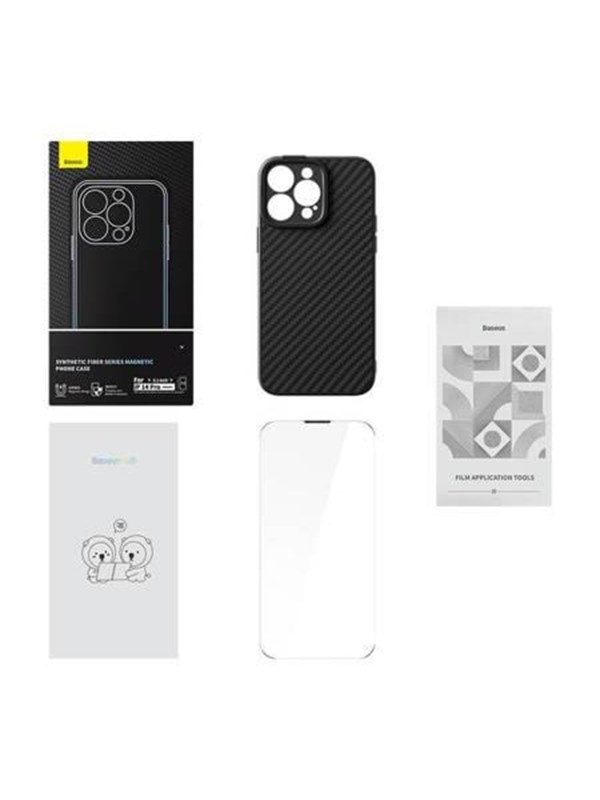 Baseus Case  Synthetic Fiber Series For Iphone 14 Pro  Black  Tempered Glass   Cleaning Kit