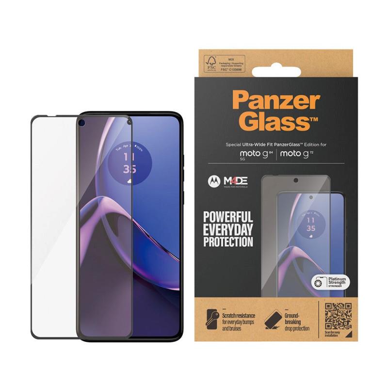 Motorola Moto G72   G84 Panzerglass Ultra Wide Fit Skærmbeskyttelsesglas Platinum Strength Sort Kant