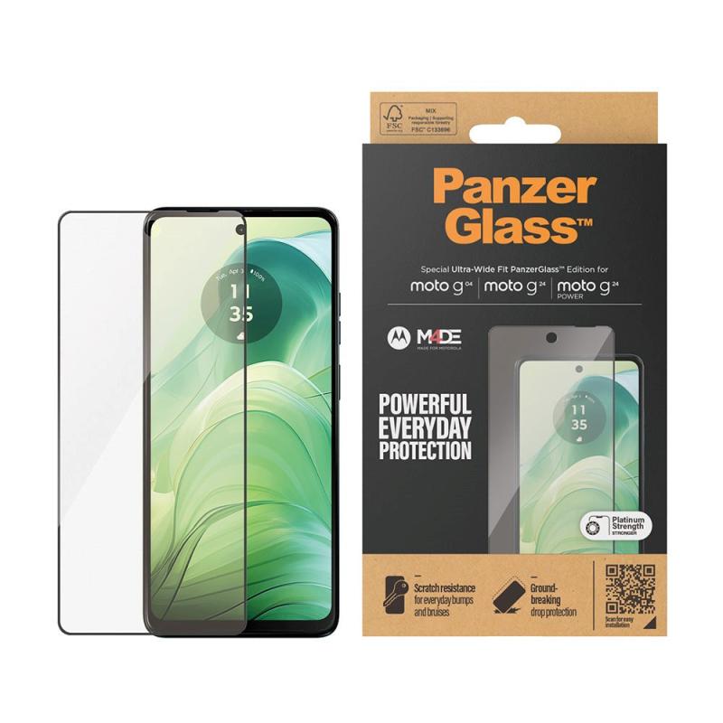 Motorola Moto G04   G24   G24 Power Panzerglass Ultra Wide Fit Skærmbeskyttelsesglas Platinum Strength Sort Kant