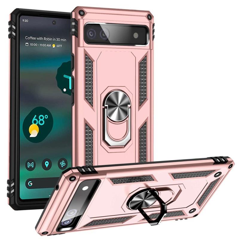 Google Pixel 6a Hybridcover Med Metalplade   Kickstand Rosa Guld