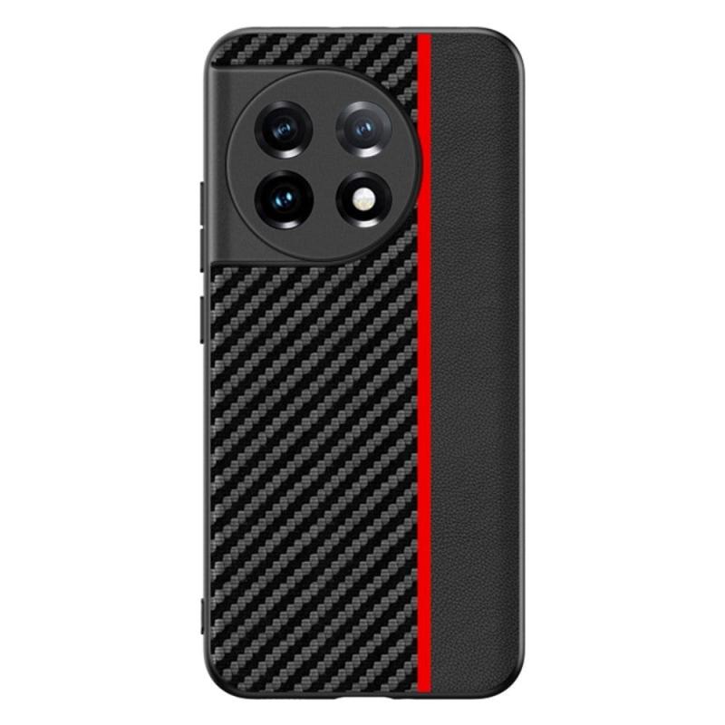 One Plus 11 Tpu Carbon   Imiteret Læder Cover Sort   Rød