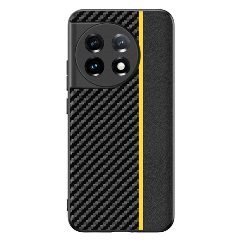 One Plus 11 Tpu Carbon   Imiteret Læder Cover Sort   Gul