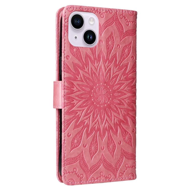 Iphone 15 Plus Læder Flip Cover    Pung   Strop Mandala Blomst Lyserød