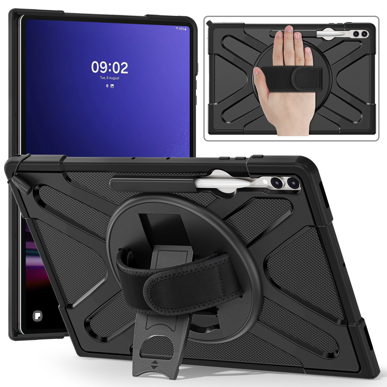 Eiderwood Samsung Galaxy Tab S10 Ultra X920   S8 Ultra X900 X906   Tab S9 Ultra X910 Shockproof Cover Med Håndholder   Kickstand Sort