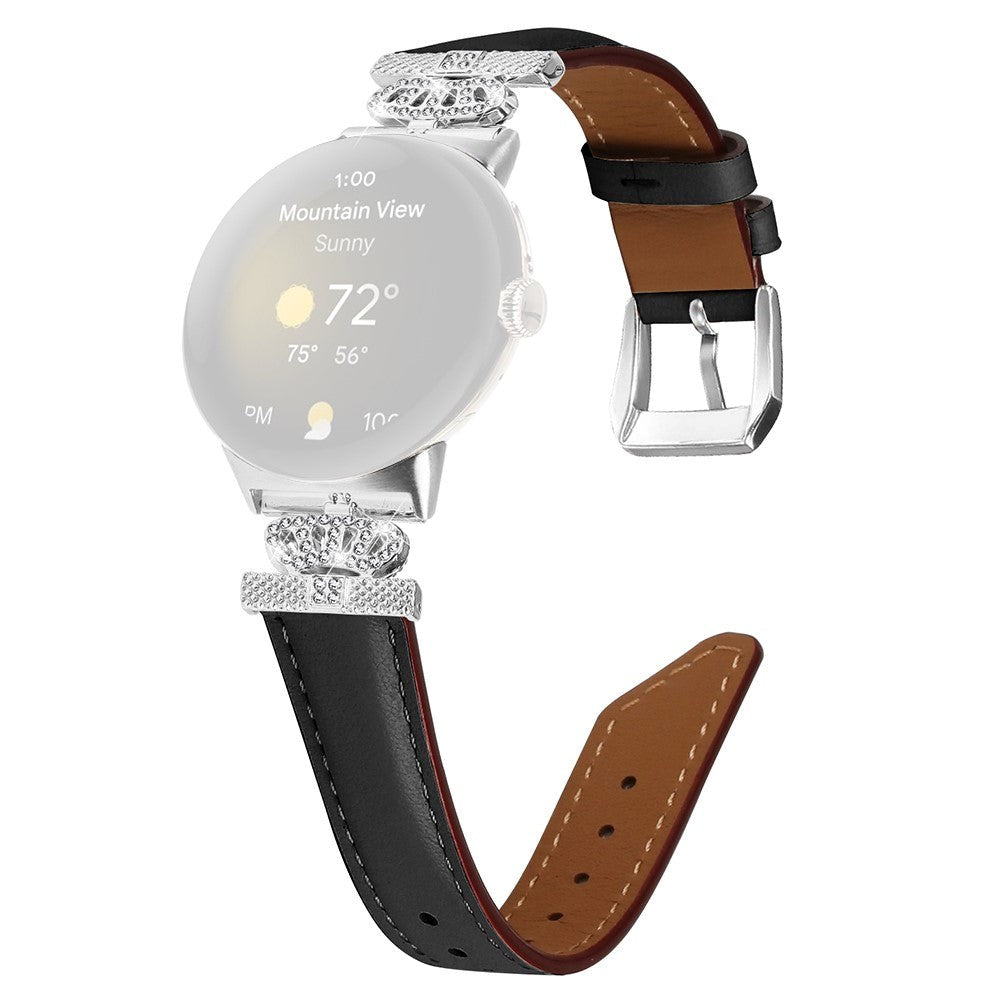 Google Pixel Watch           Læder Urrem    Sølv Rhinsten Spænde Sort