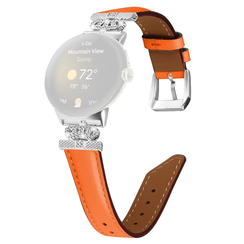 Google Pixel Watch           Læder Urrem    Sølv Rhinsten Spænde Orange