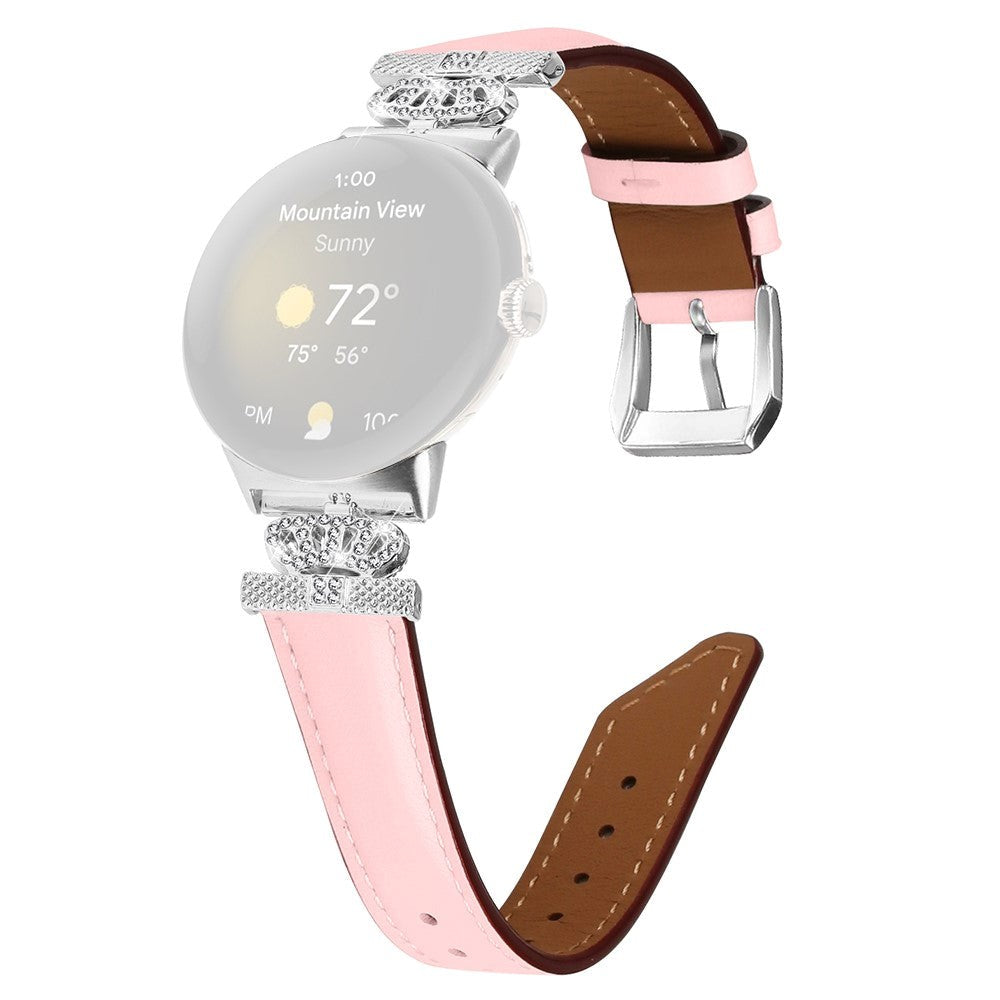Google Pixel Watch           Læder Urrem    Sølv Rhinsten Spænde Lyserød