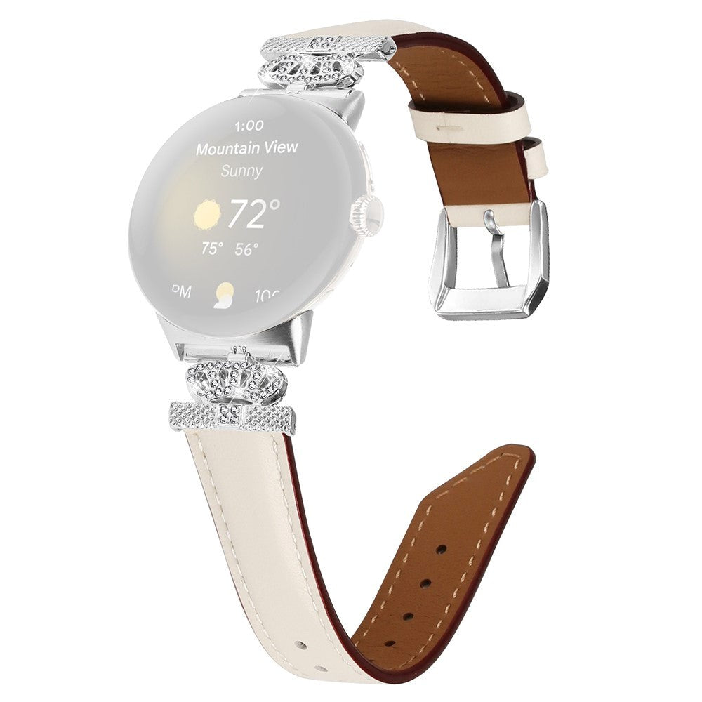 Google Pixel Watch           Læder Urrem    Sølv Rhinsten Spænde Beige