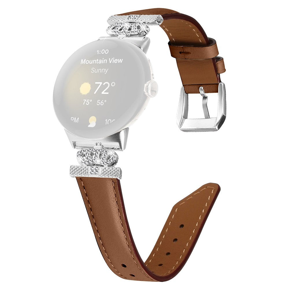 Google Pixel Watch           Læder Urrem    Sølv Rhinsten Spænde Brun