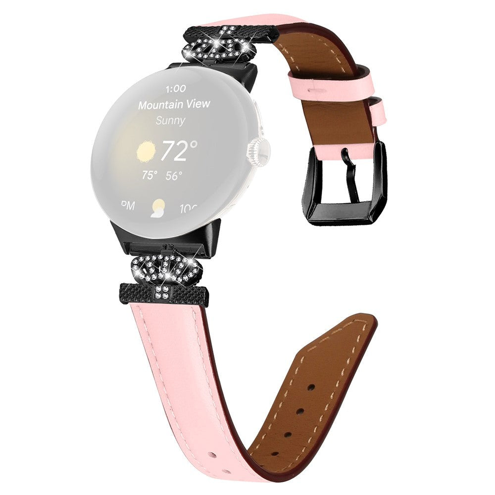 Google Pixel Watch           Læder Urrem    Sort Rhinsten Spænde Lyserød