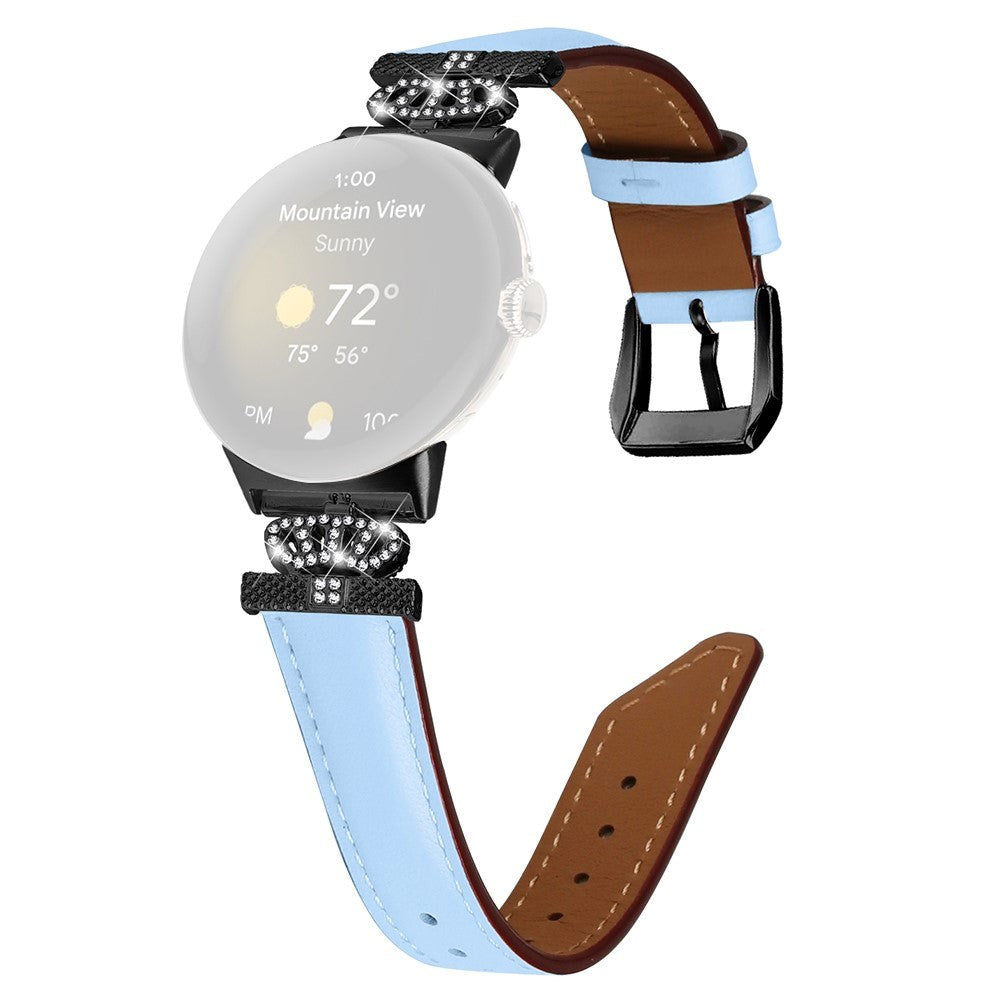Google Pixel Watch           Læder Urrem    Sort Rhinsten Spænde Blå