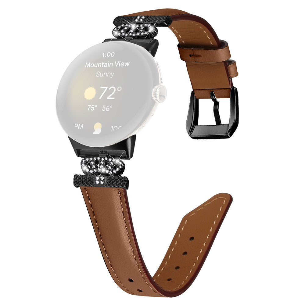Google Pixel Watch           Læder Urrem    Sort Rhinsten Spænde Brun