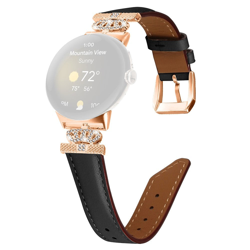 Google Pixel Watch           Læder Urrem    Rose Gold Rhinsten Spænde Sort