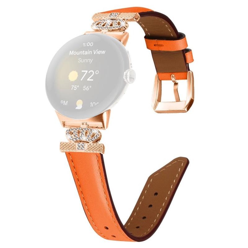 Google Pixel Watch           Læder Urrem    Rose Gold Rhinsten Spænde Orange