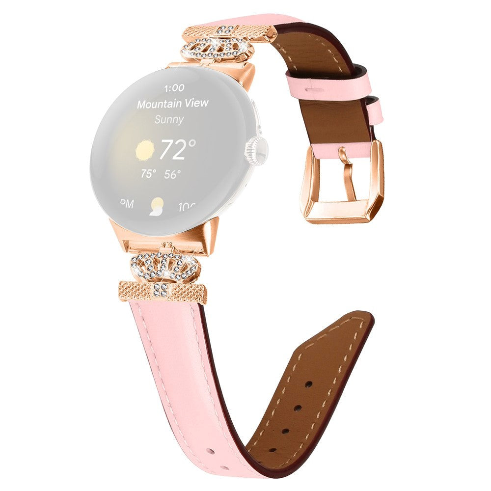 Google Pixel Watch           Læder Urrem    Rose Gold Rhinsten Spænde Lyserød